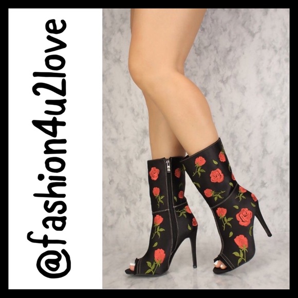 Floral Embroidered Peep Toe Booties - Picture 2 of 6